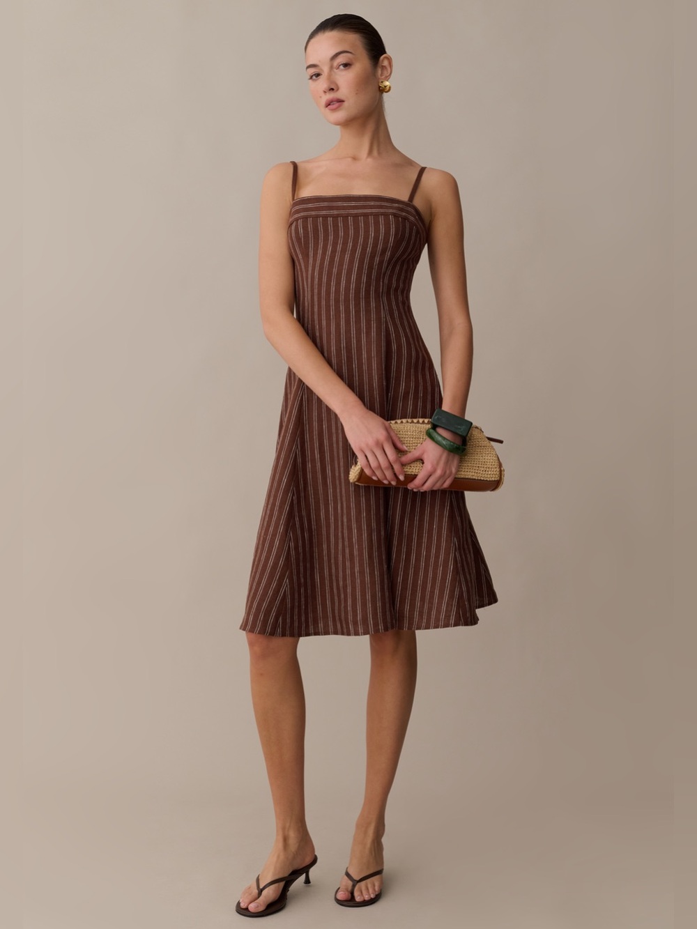 Few Moda Gizele Brown Striped Linen Midi Dress Small NWT